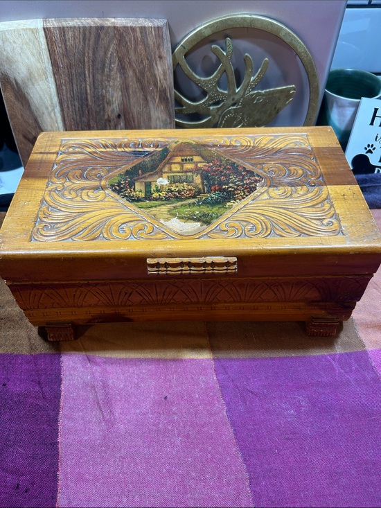 Vintage Other - 40's Vintage Wood Jewelry Trinket Box Litho Cottage Scene Carved Hinged Wooden